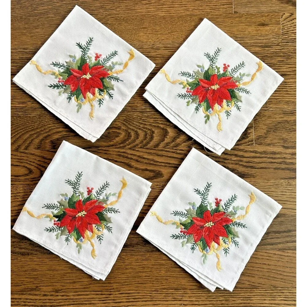Lot of 4 Holiday Embrodered Cloth Napkins w/ Poinsetta & Gold Ribbon Design